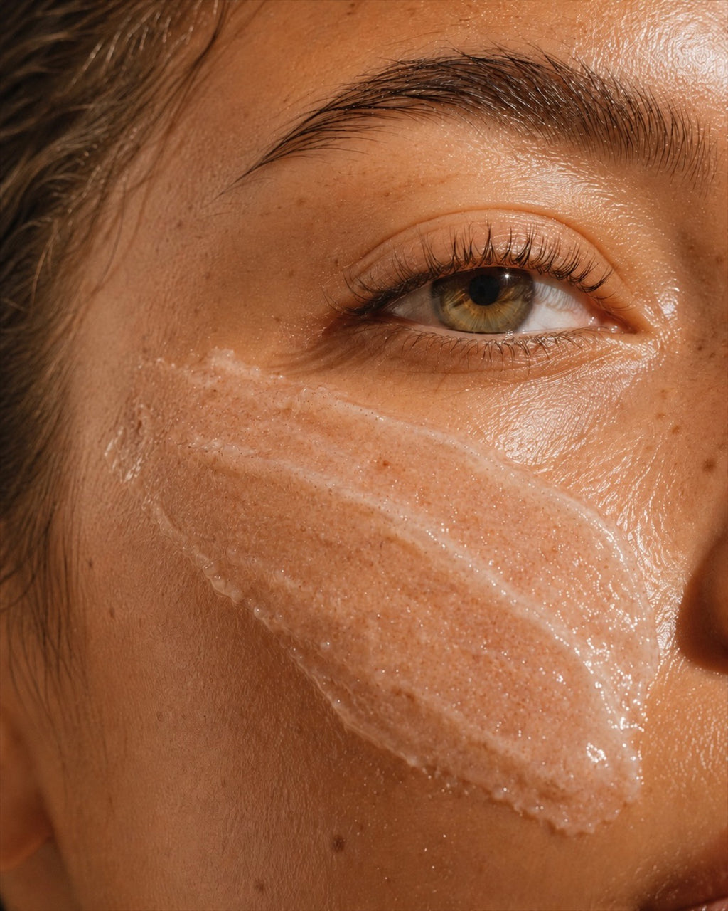 Primer plano de un rostro con la manteca hidratante aplicada sobre la mejilla