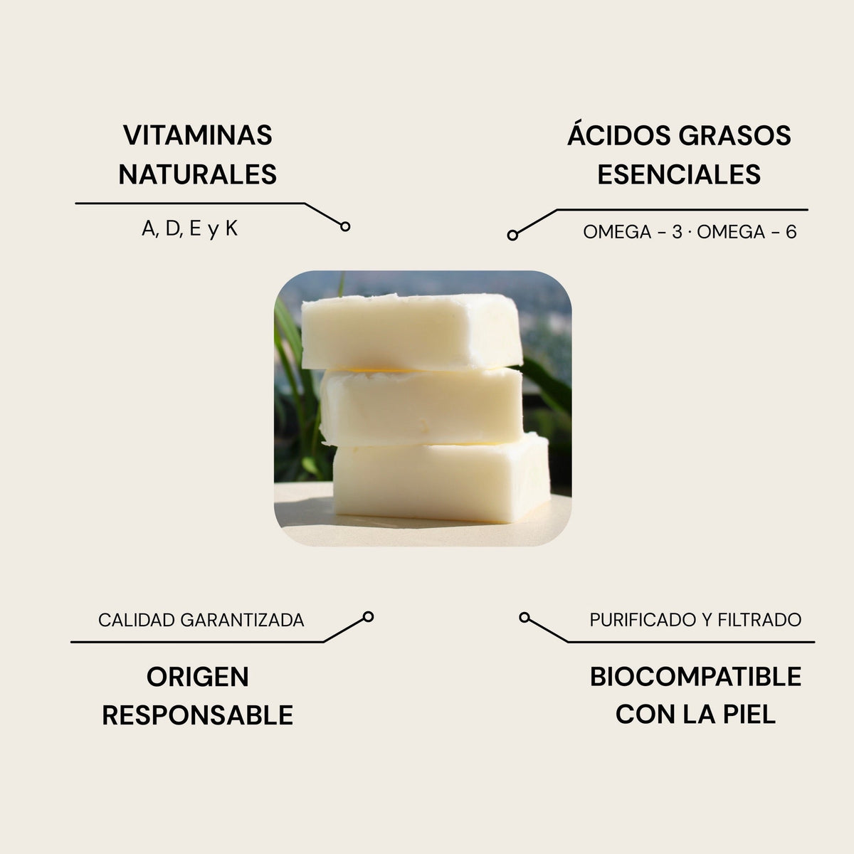 Vitaminas naturales, acidos grasos esenciales, origen responsable y biocompatible con la piel