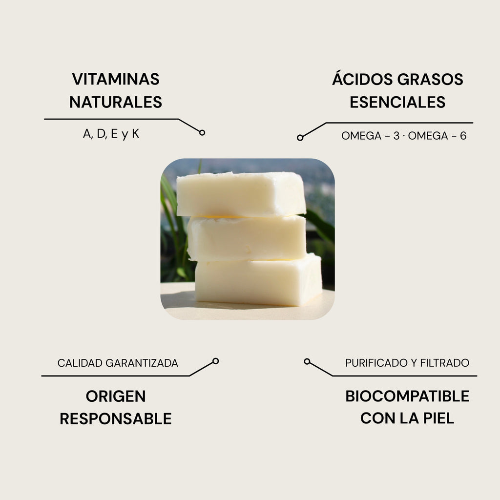 Infografia: vitaminas naturales A, D, E y K; acidos grasos esenciales omega-3 y omega-6; origen responsable; biocompatible con la piel